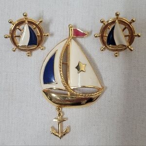 Vintage Avon Gold and Enamal Nautical Sailboat Brooch and Earrings 3 Piece Set.